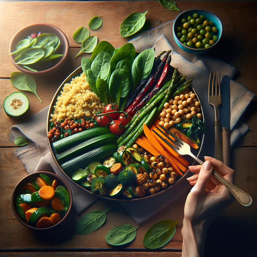 Assiette végétarienne colorée avec légumes frais, quinoa et pois chiches.