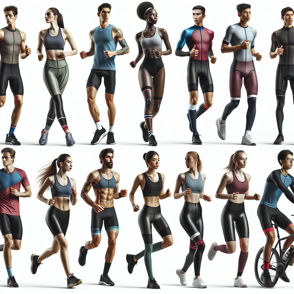 Un groupe d'athlètes portant des vêtements de sport en matières techniques comme le polyester et l'élasthanne, pratiquant des activités comme la course et le cyclisme. Certains portent des collants de compression, montrant le soutien musculaire et l'amélioration de la circulation sanguine.