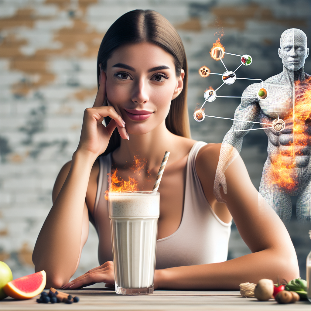 Un shake hyperprotéiné dans un verre, une personne satisfaite après l'avoir bu, une représentation du métabolisme brûlant des calories et une figurine représentant la préservation musculaire. L'image doit inclure des éléments symbolisant la perte de poids et une alimentation saine, sans texte.