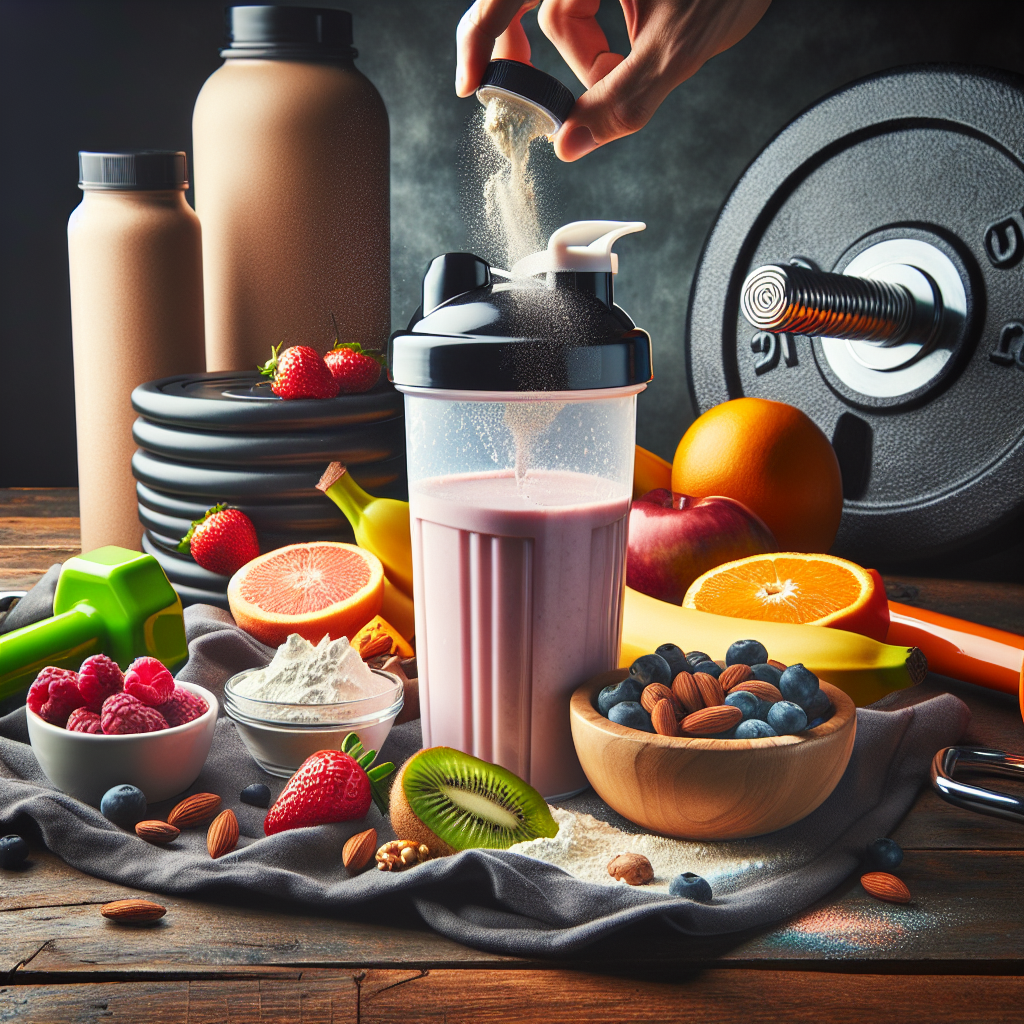 Image d'une boisson hyperprotéinée en cours de préparation, avec de la poudre de protéines, une bouteille shaker et éventuellement des fruits et des noix autour, dans une atmosphère sportive ou axée sur la santé.