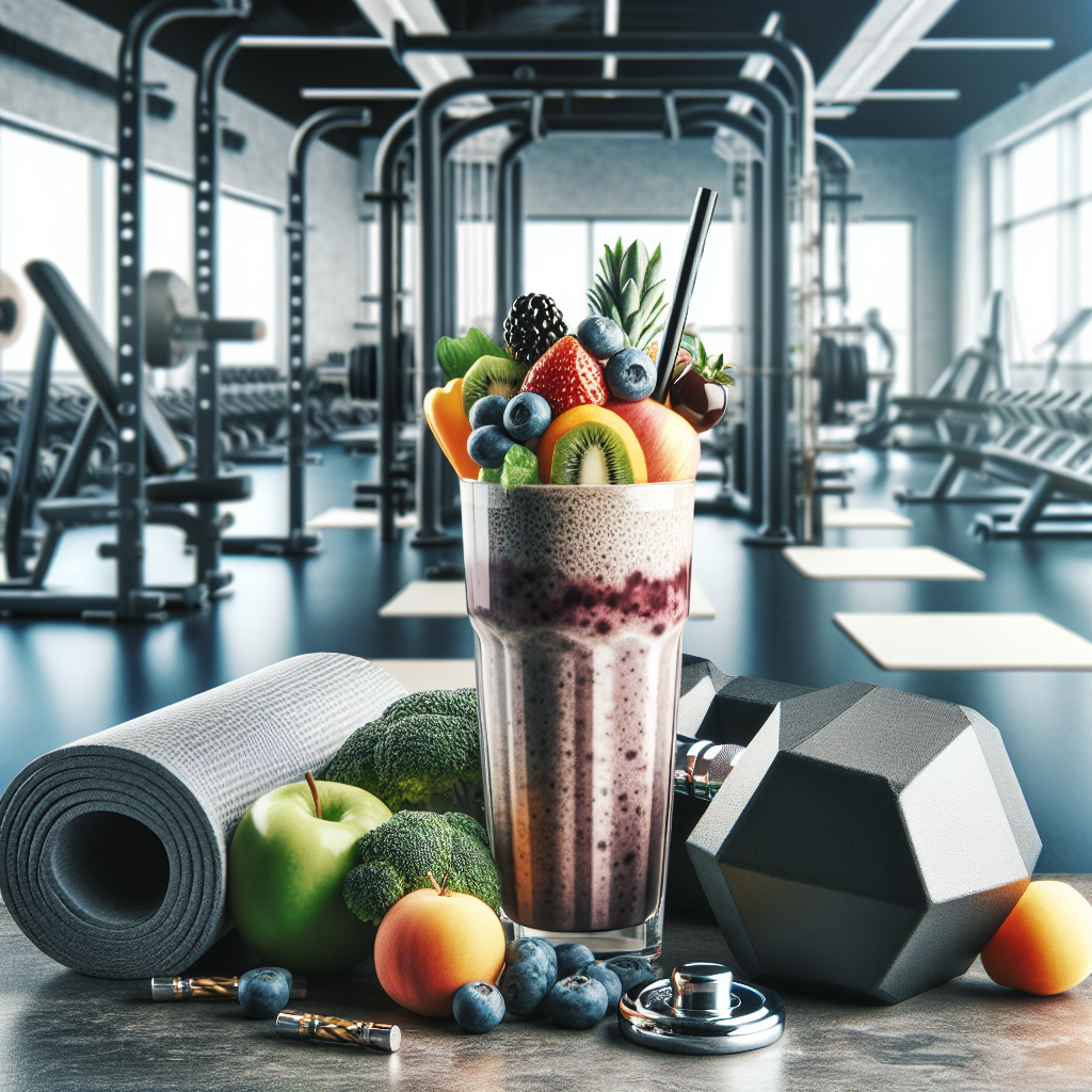 Une boisson protéinée avec des fruits et légumes à côté d'équipements de fitness.