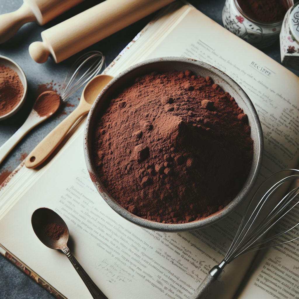 Un bol de cacao en poudre vue de dessus avec des ustensiles de cuisine et un livre de recettes en arrière-plan.