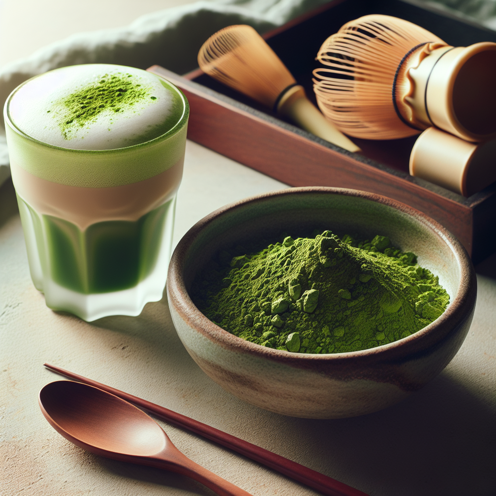 Un bol de poudre de matcha vert vibrant et un verre de latte de matcha fraîchement fouetté, placés à côté d'un ensemble d'ustensiles de thé japonais traditionnels.