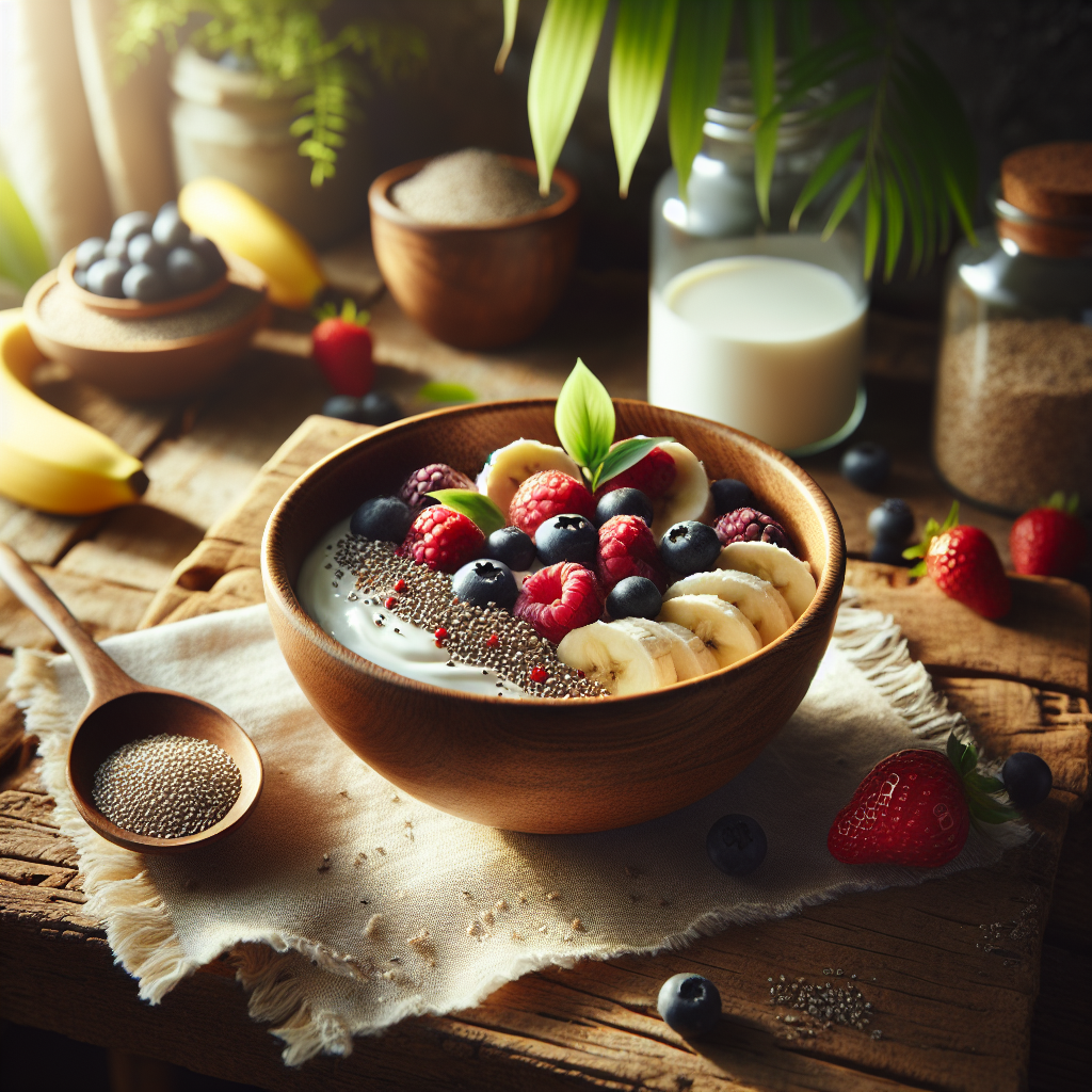 Un bol de petit-déjeuner sain avec yaourt, fruits et psyllium bio, sur une table en bois avec une plante verte en arrière-plan.