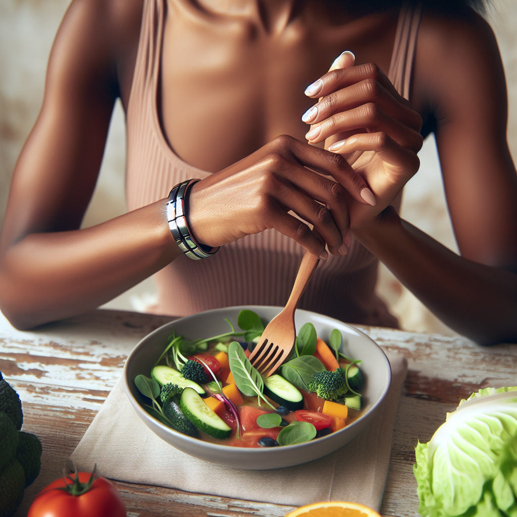 Personne portant un bracelet magnétique en mangeant un repas équilibré composé de légumes et de fruits.