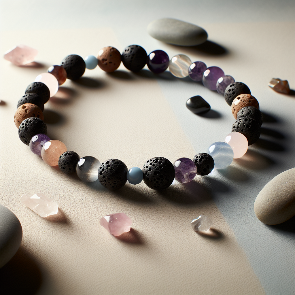 Un beau bracelet en pierres naturelles comme la pierre de lave, l'améthyste, la howlite et le quartz rose, symbolisant l'équilibre, le soulagement du stress et le bien-être émotionnel.