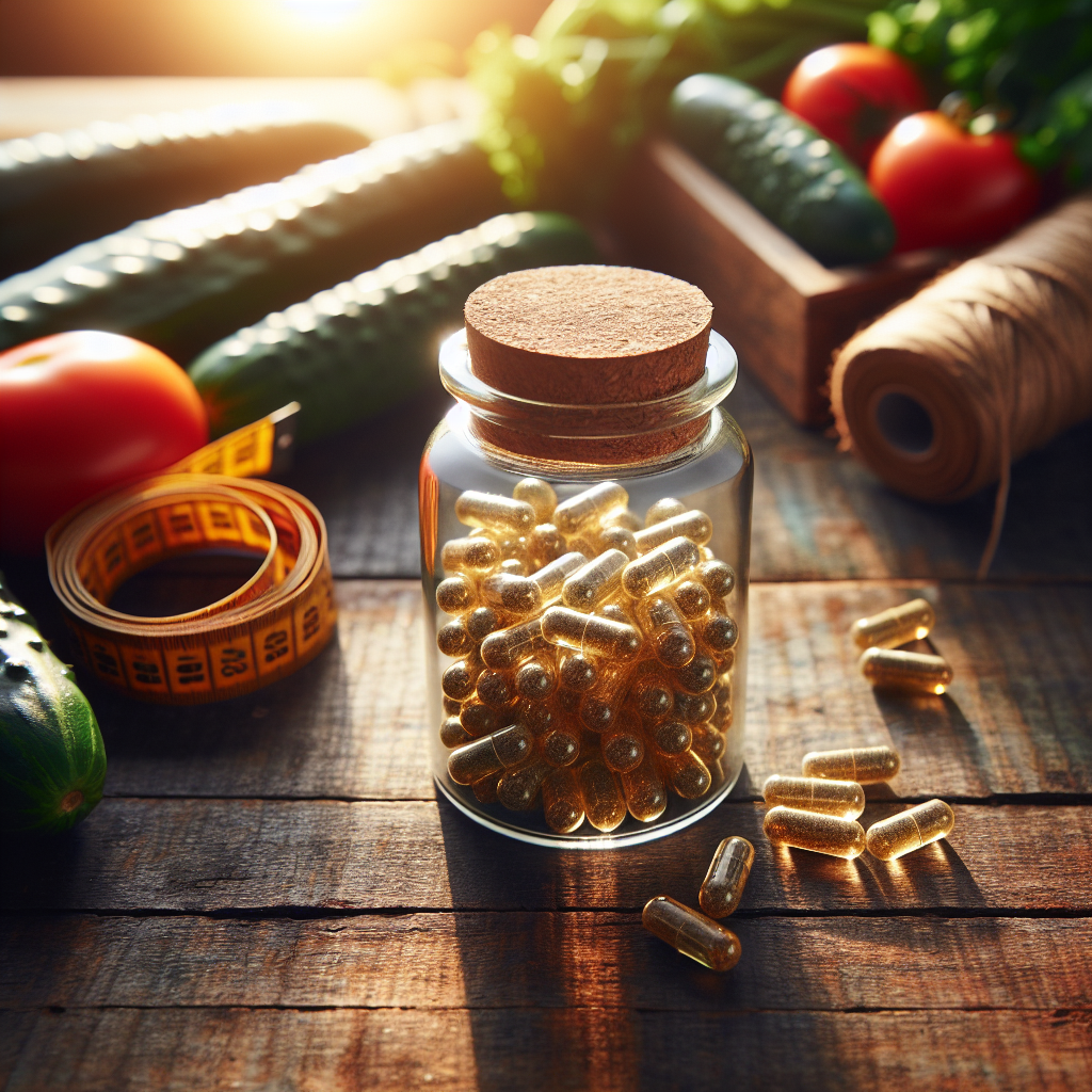 Bouteille de gélules CBD avec un mètre-ruban et des légumes frais