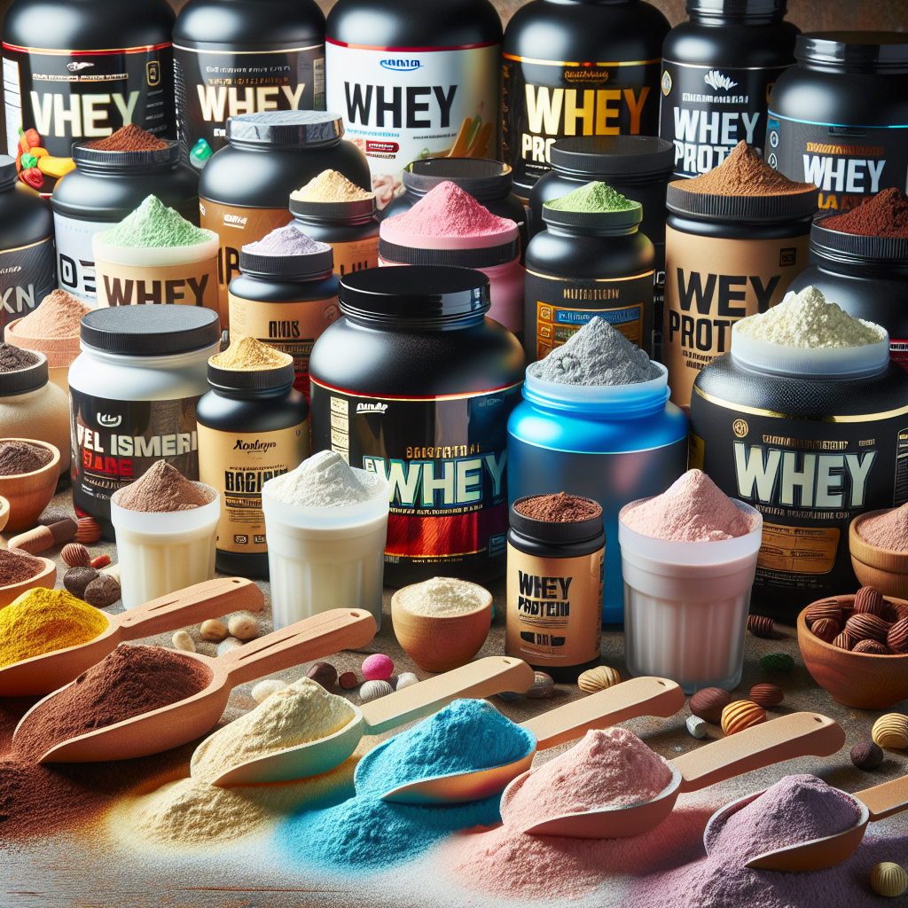 Varieté de produits de whey protéinée de différentes marques et saveurs.