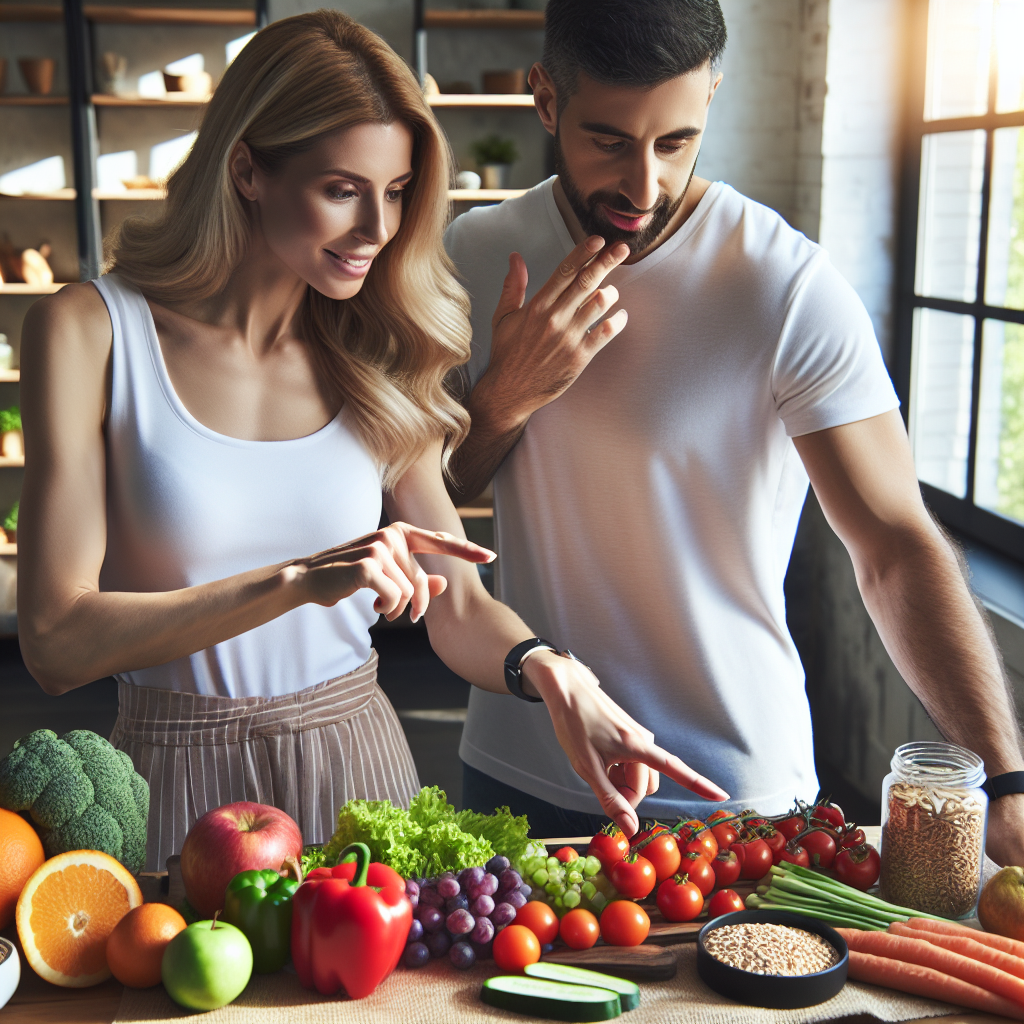 Un coach en nutrition guidant une personne pour choisir des aliments sains afin de maigrir