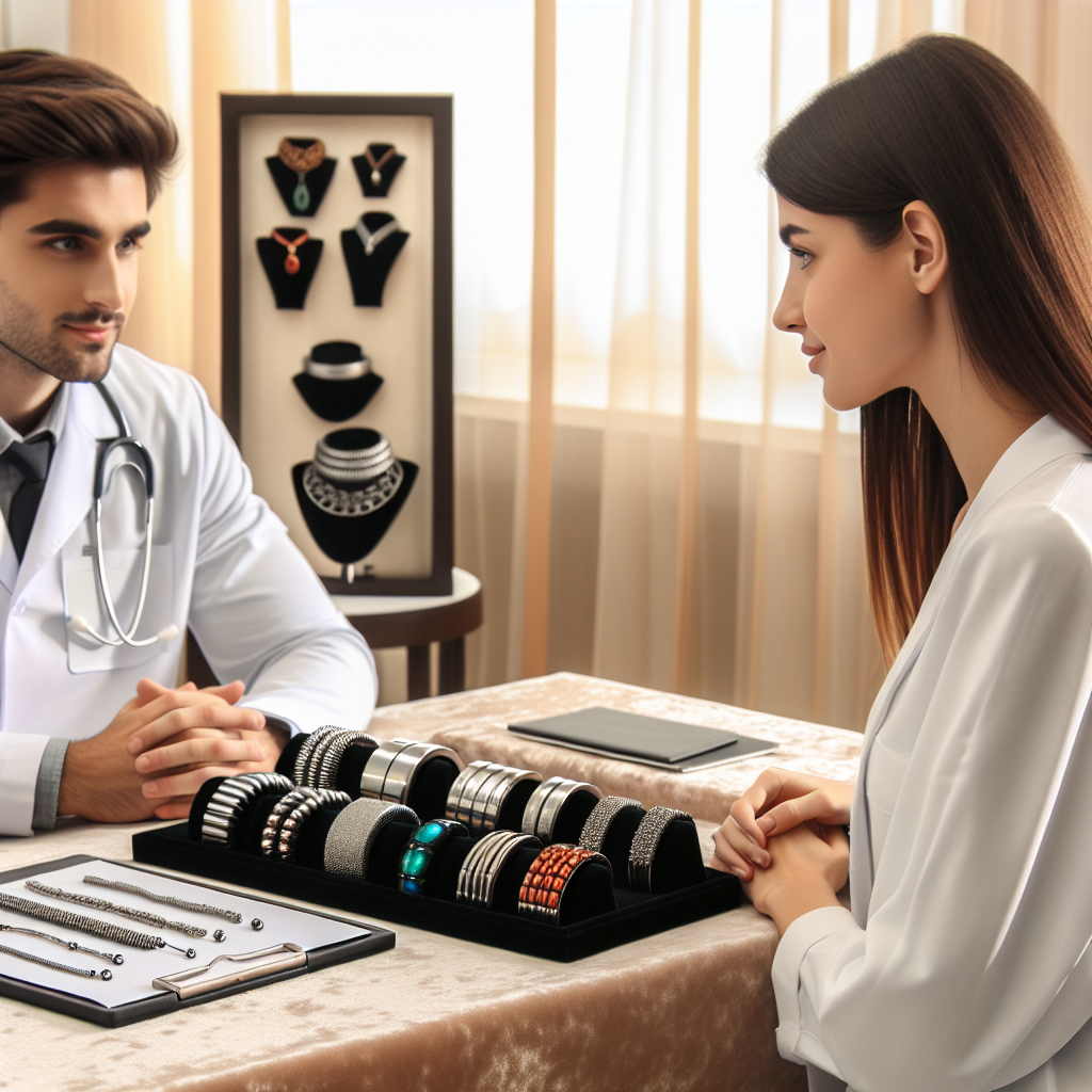 Un médecin consultant un patient, discutant de l'utilisation de bijoux magnétiques avec un accent sur la sécurité médicale. Des bijoux magnétiques de haute qualité sont exposés sur une table.