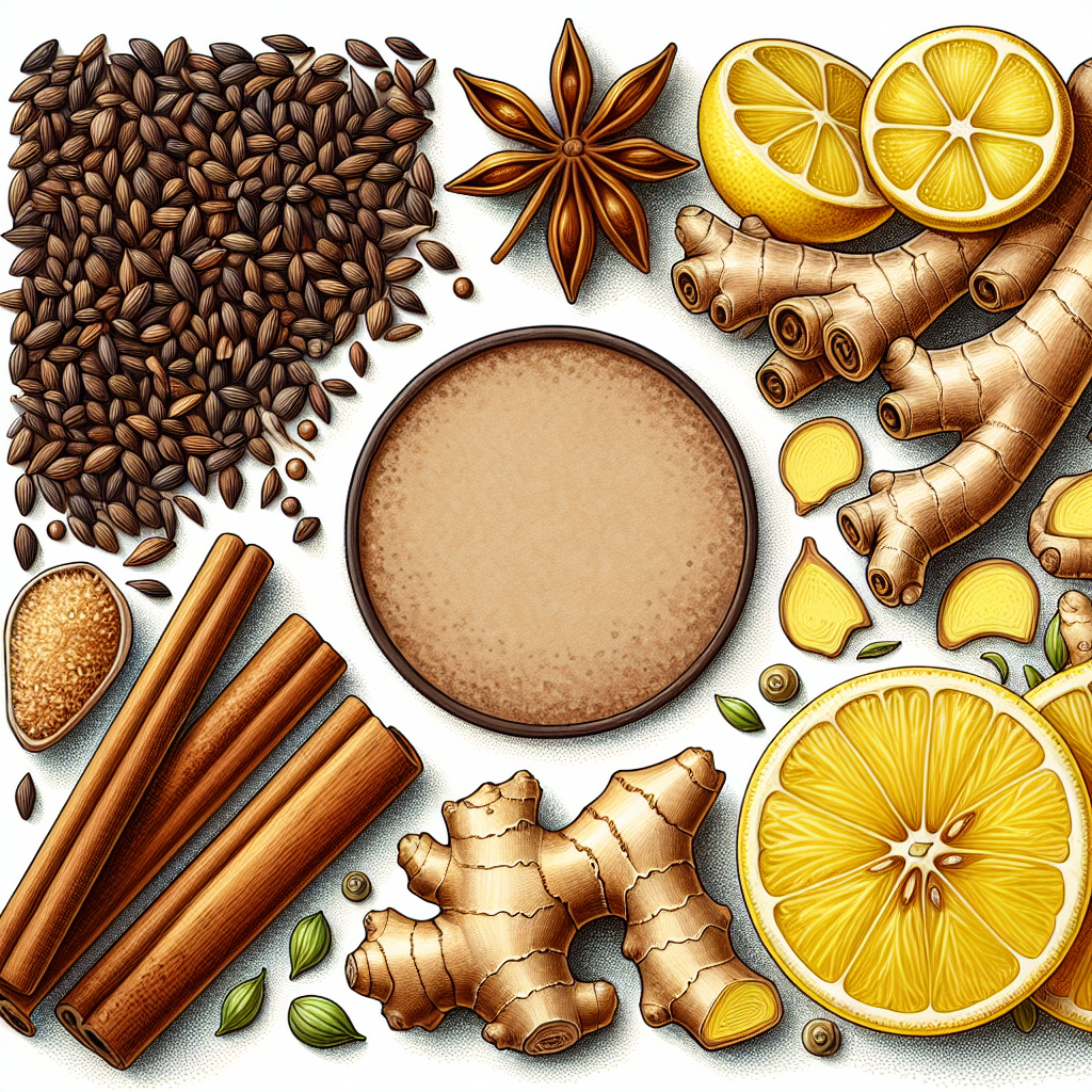 Illustration de graines de cumin, bâtons de cannelle, racine de gingembre frais, et tranches de citron, symbolisant leur utilisation pour la perte de poids.