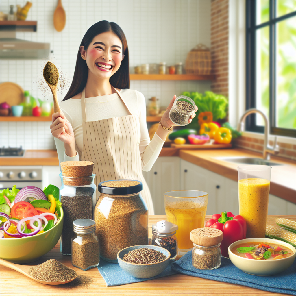 Des graines de cumin et du cumin moulu à côté de plats sains comme des salades, des currys ou des smoothies, avec une femme cuisinant heureuse en arrière-plan, mettant en avant les bienfaits du cumin pour la perte de poids.