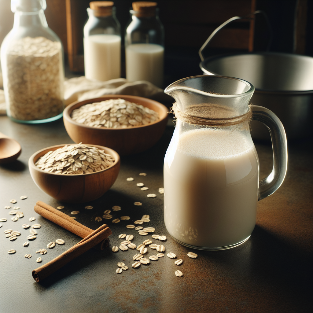 Eau d'avoine préparée dans une carafe avec des flocons d'avoine et des bâtons de cannelle