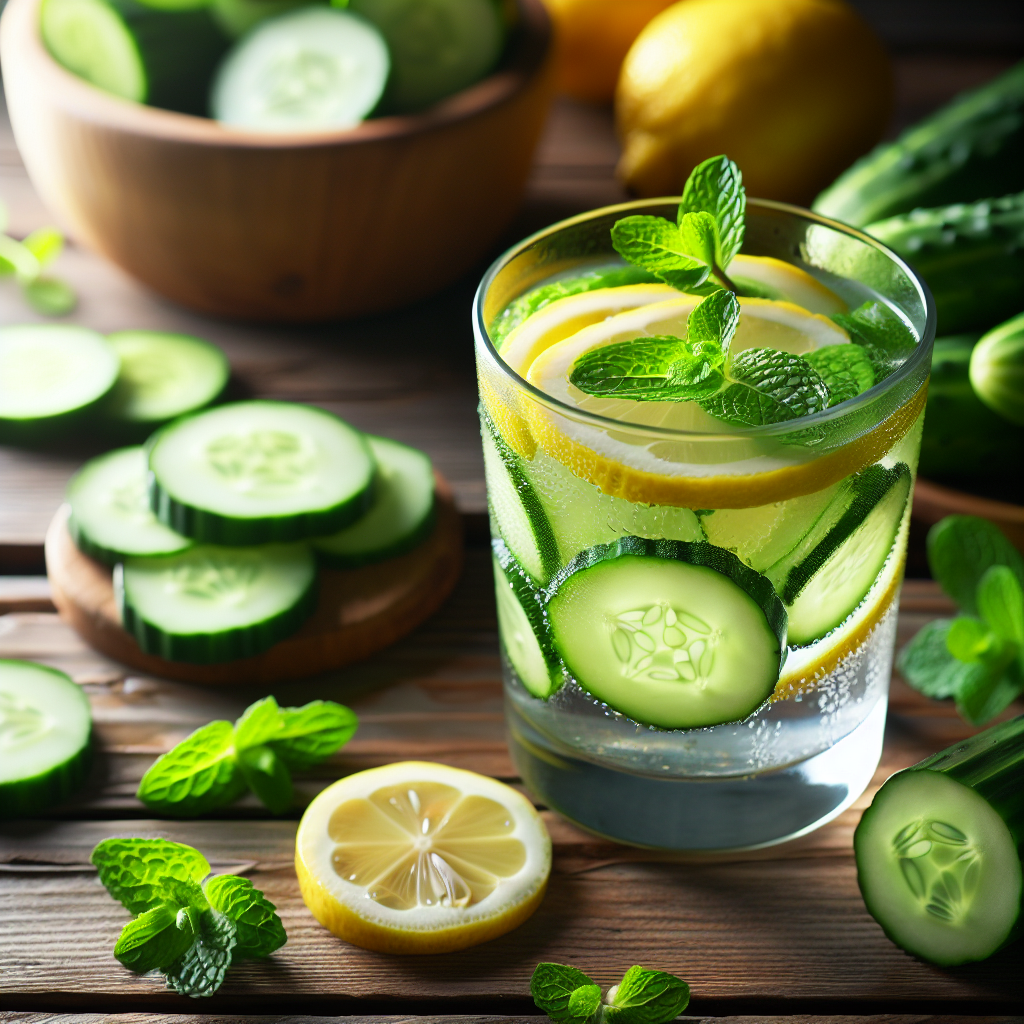 Un verre rafraîchissant d'eau au concombre et citron avec des feuilles de menthe, servi sur une table en bois avec des tranches de citron et de concombre autour