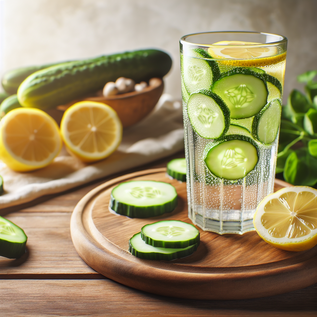 Verre d'eau détox avec des tranches de concombre et de citron sur une table en bois, avec des concombres et des citrons frais autour.