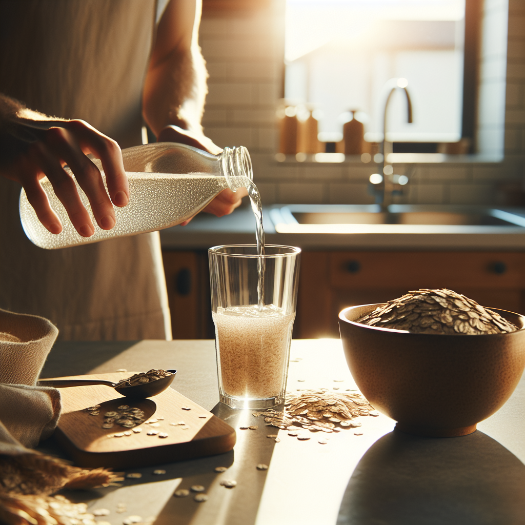 Un verre d'eau d'avoine sur un comptoir de cuisine à côté d'un bol d'avoine, avec une lumière matinale filtrant par une fenêtre.