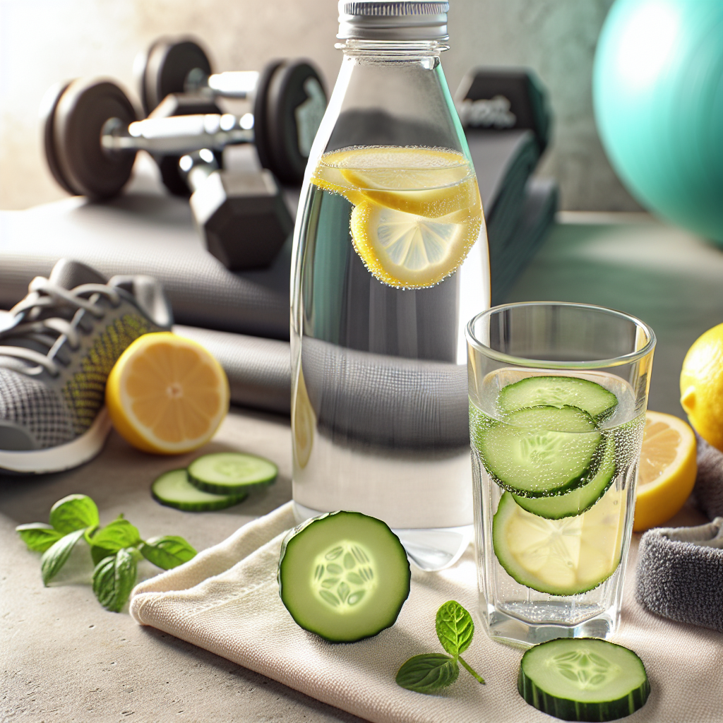 Un verre d'eau concombre citron à côté d'une bouteille d'eau plate, avec une mise en scène représentant un mode de vie sain et actif.