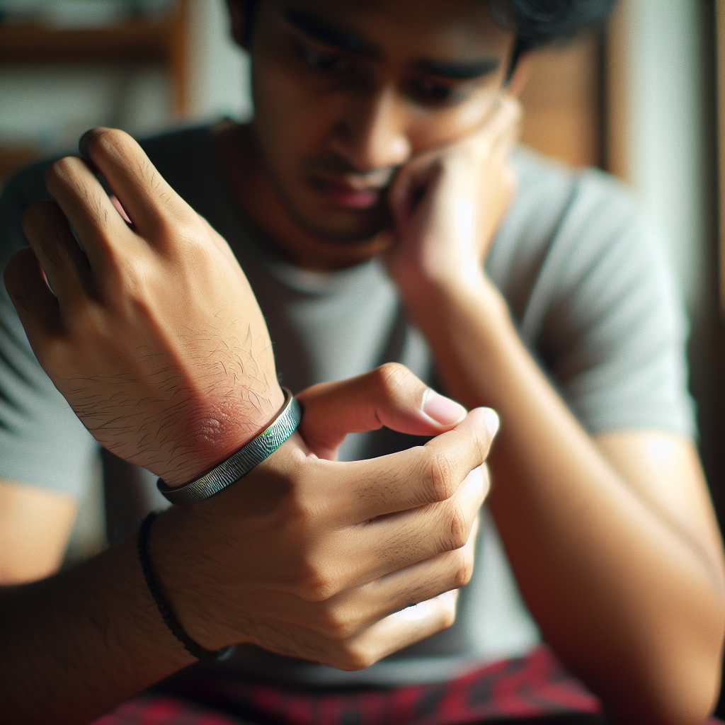 Une personne regardant son poignet avec préoccupation où elle porte un bracelet magnétique, avec une légère irritation de la peau visible.