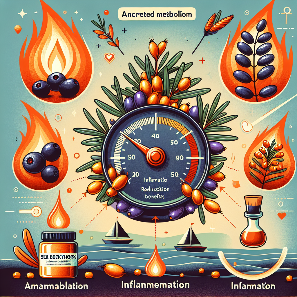 Illustration montrant les effets de l'huile d'argousier sur la perte de poids, avec des éléments représentant l'accélération du métabolisme et la réduction de l'inflammation, entourés de baies et d'huile d'argousier.