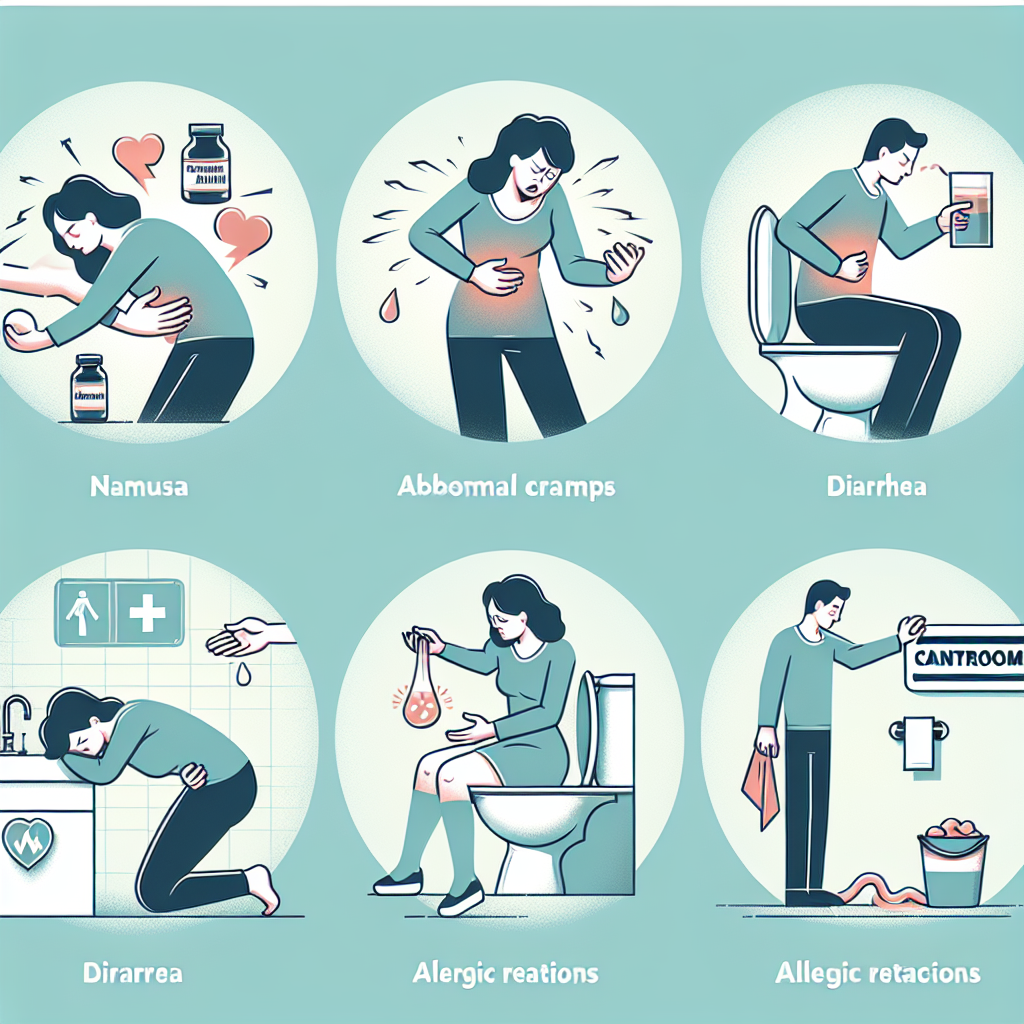 Illustration des effets secondaires potentiels de la L-Carnitine, incluant nausées, crampes abdominales, diarrhée légère et réactions allergiques.