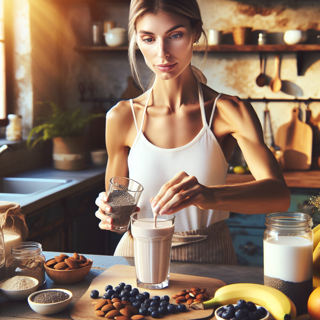 Expert en nutrition versant une boisson protéinée avec des fruits sains autour