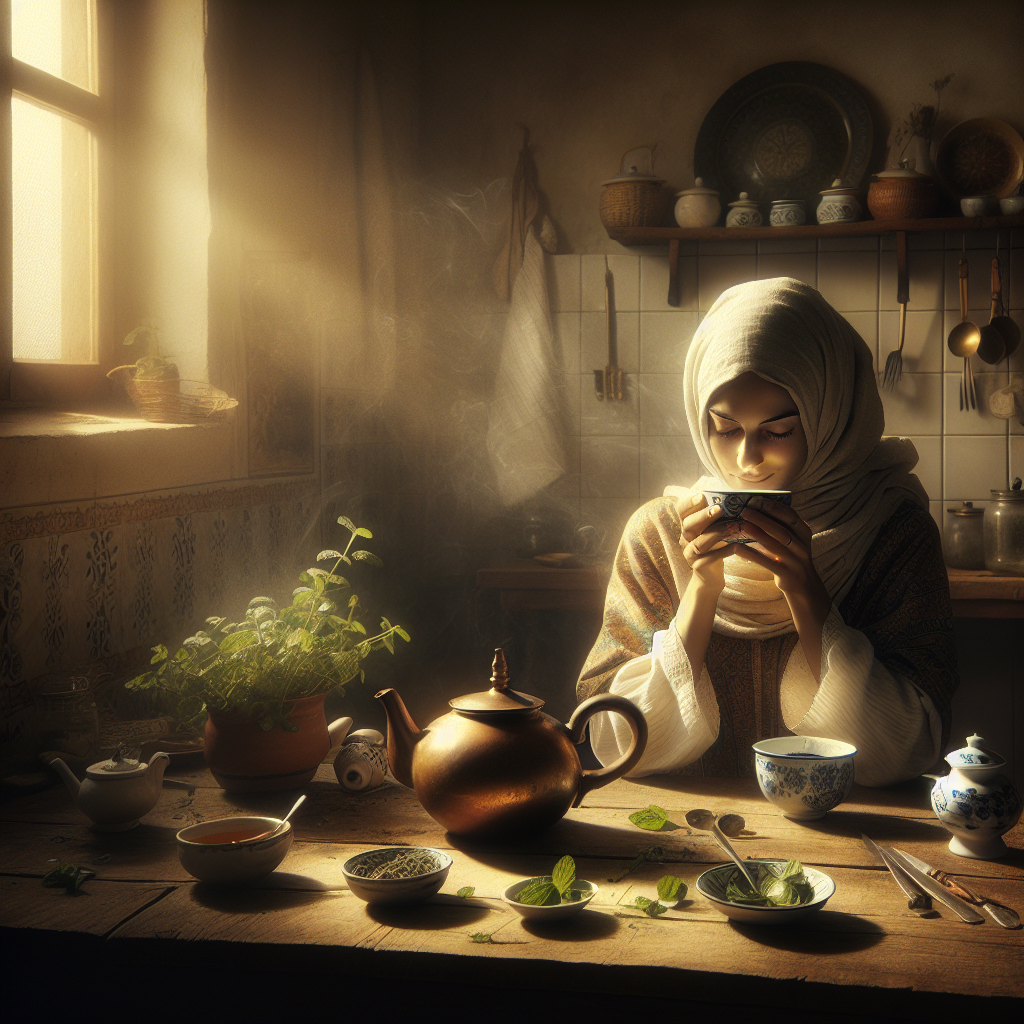 Une femme prenant une tasse de thé portugais le matin dans une ambiance chaleureuse.