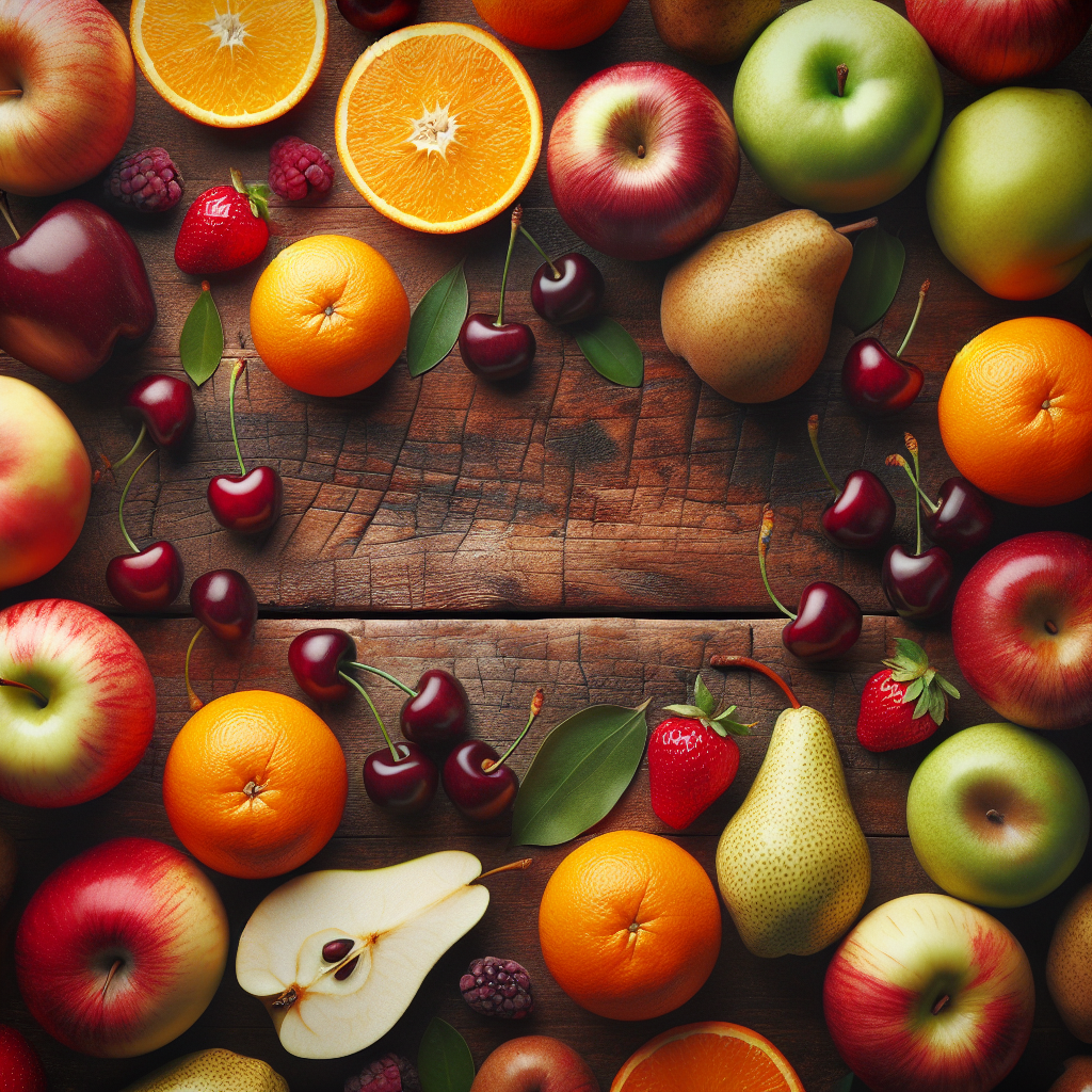 Fruits riches en acide malique comme les pommes, les poires, les oranges et les cerises, disposés sur une table en bois rustique.