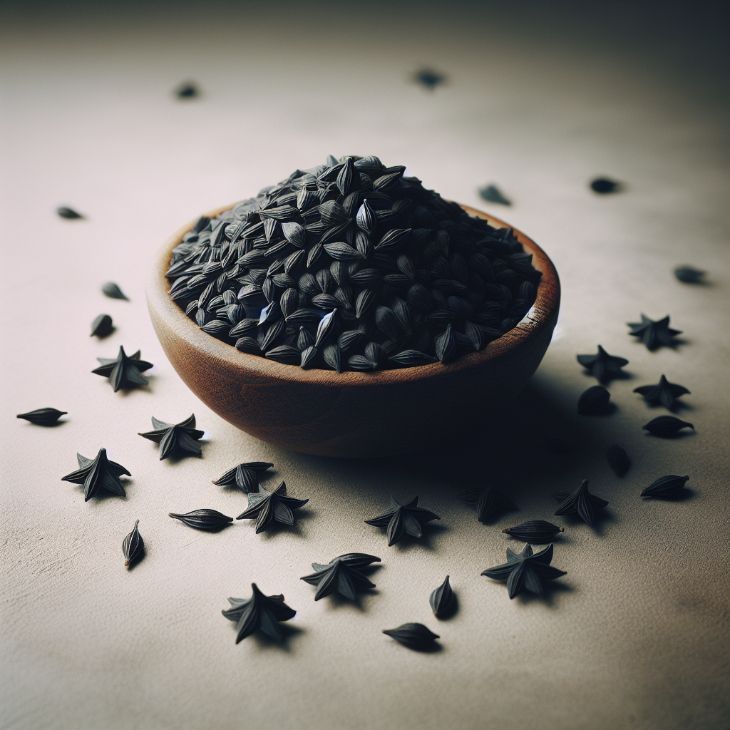 Graine de nigelle noire en forme de triangle, certaines éparpillées et d'autres dans un petit bol en bois, avec un fond neutre.