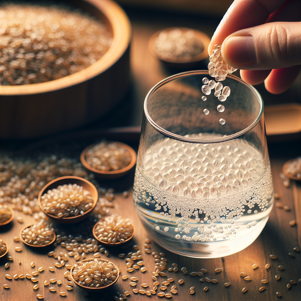 Gros plan sur des graines de psyllium avec un verre d'eau formant une substance gélifiée, mettant en valeur l'aspect naturel et biologique.