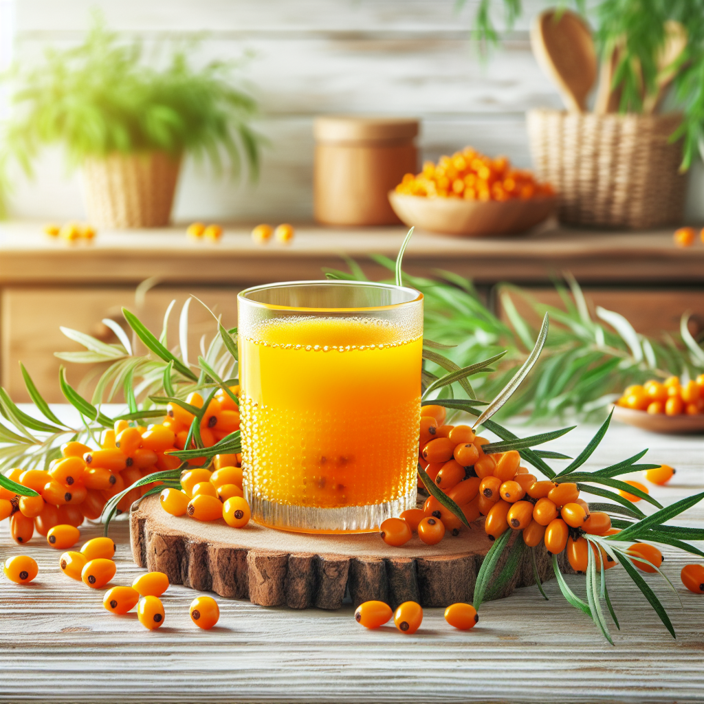 Un verre vibrant de jus d'argousier sur une table en bois, entouré de baies d'argousier fraîches et de feuilles. L'arrière-plan est une cuisine lumineuse, mettant en avant la santé et la vitalité.