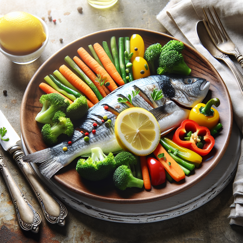 Filet de maigre avec des légumes vapeur et des tranches de citron