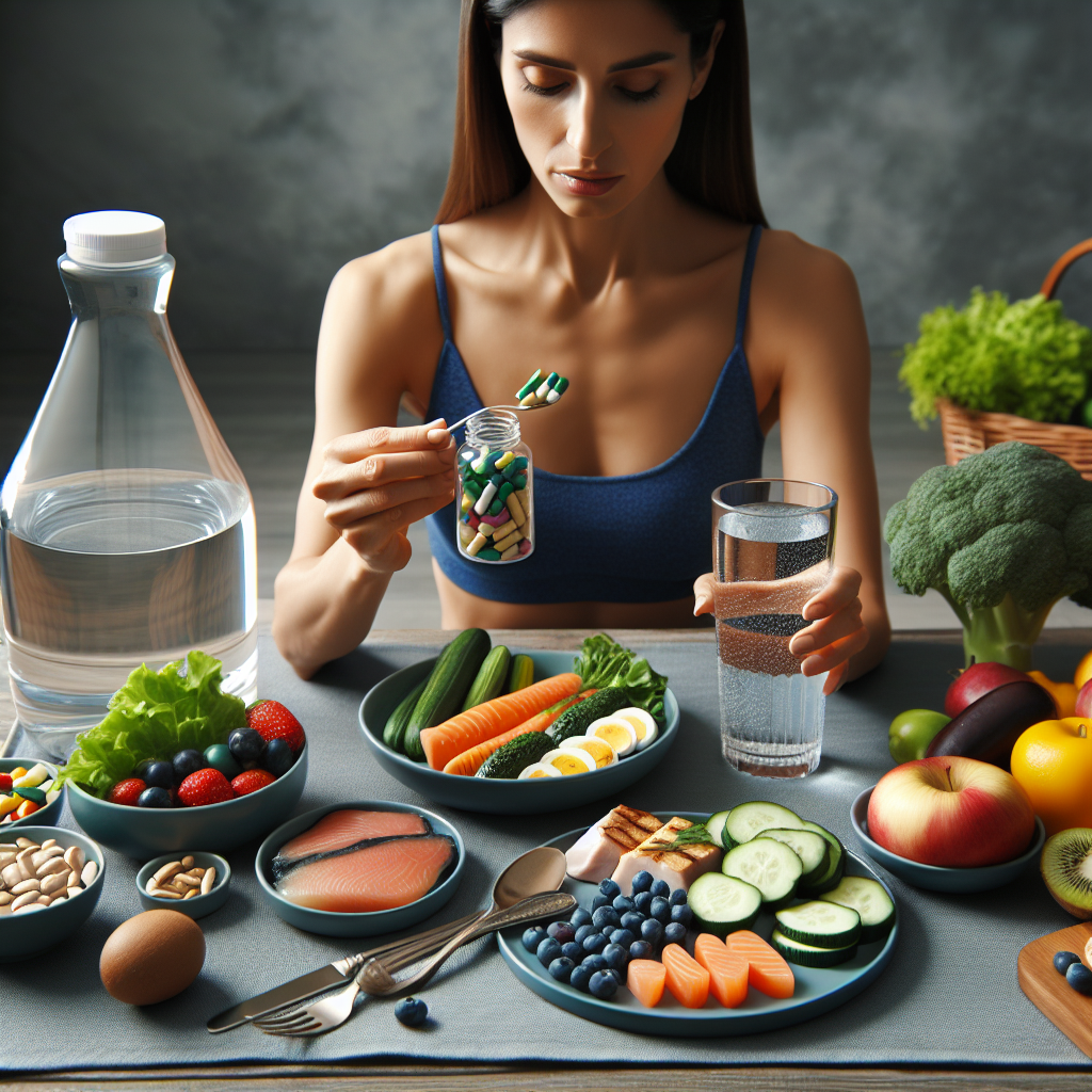 Une personne prenant des compléments alimentaires avec un verre d'eau, un repas équilibré avec des légumes, des protéines maigres et des fruits, et une grande bouteille d'eau pour insister sur l'importance de l'hydratation.