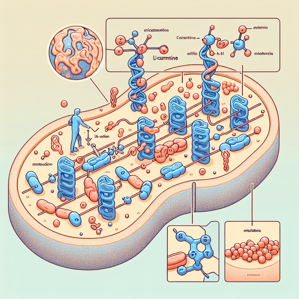 Illustration détaillée de la molécule de L-Carnitine montrant son rôle dans le transport des acides gras vers les mitochondries, aidant ainsi à la combustion des graisses et à la production d'énergie.