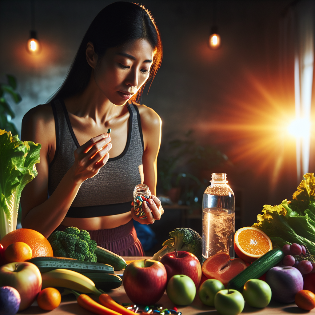 Personne prenant un supplément de L-Carnitine avant une séance d'entraînement avec des aliments sains.