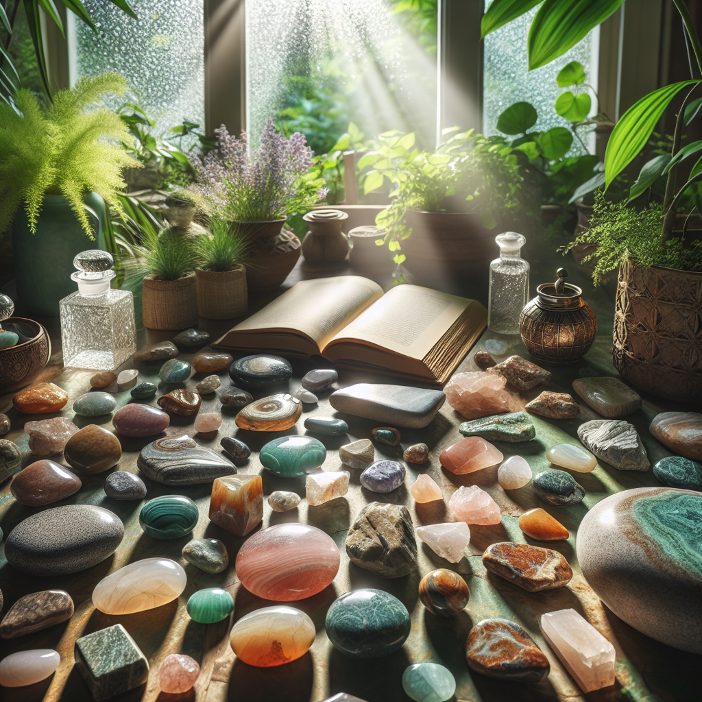 Une collection de pierres précieuses colorées avec de l'améthyste, de la citrine, de l'aventurine et de la sodalite sur une table en bois