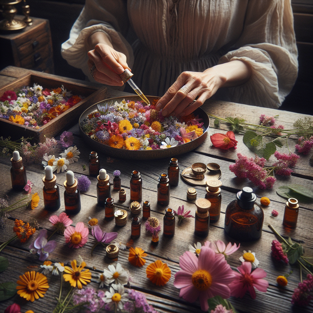 Personne préparant un remède de fleurs de Bach avec des fleurs colorées et des flacons d'huiles essentielles sur une table en bois