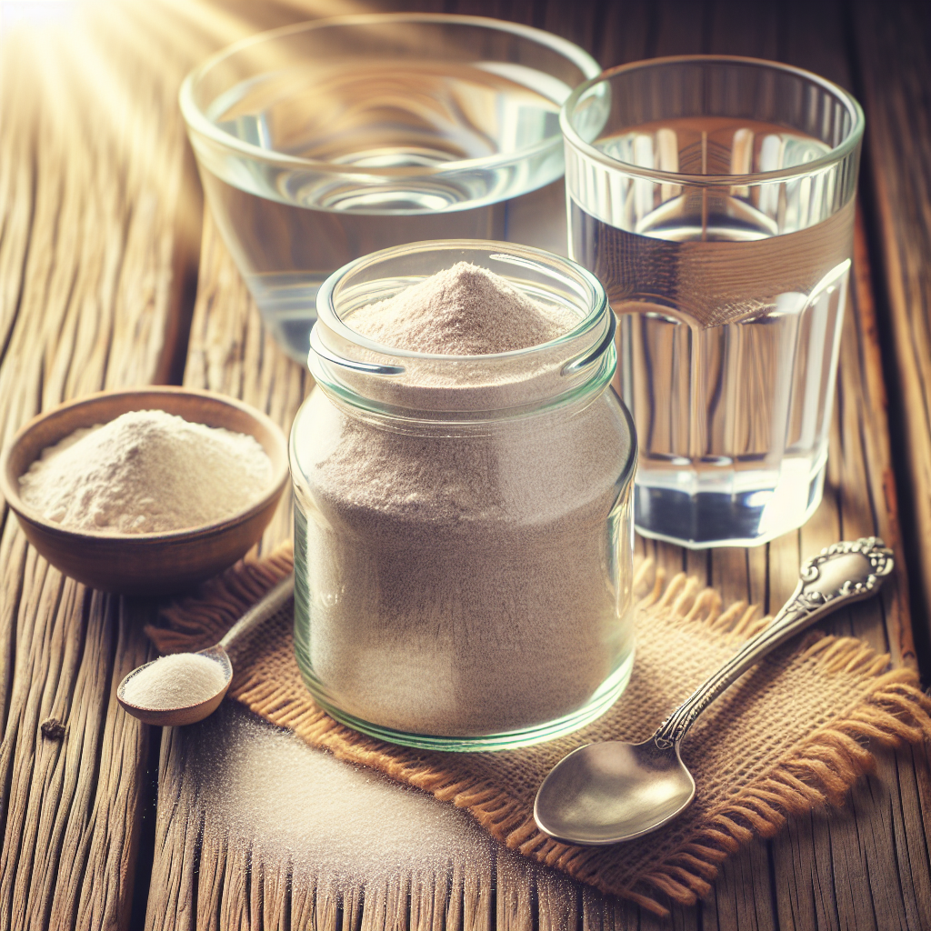 Un bocal en verre rempli de poudre de psyllium bio, accompagné d'une cuillère et d'un verre d'eau.