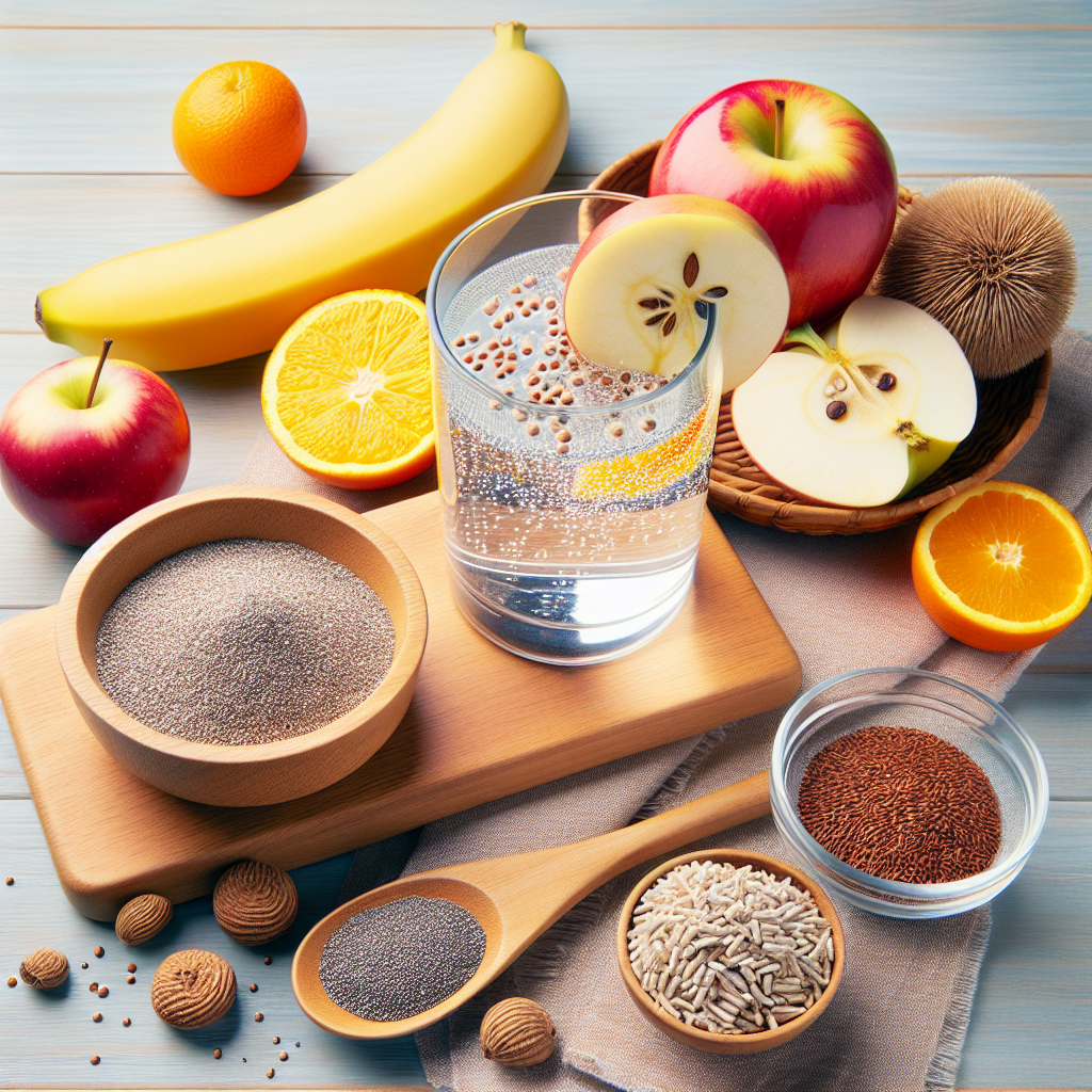 Un verre de psyllium bio mélangé à de l'eau, entouré de fruits frais et d'une bol de psyllium