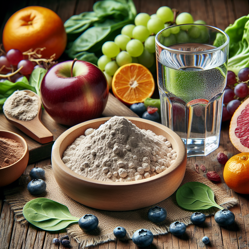 Un bol de poudre de psyllium avec un verre d'eau et divers aliments sains sur une table en bois, mettant en avant la nature bio et organique du psyllium.