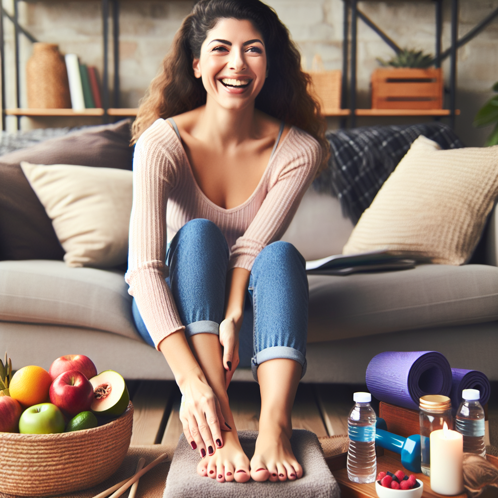 Une femme heureuse montrant une perte de poids visible et de l'énergie, se massant les pieds dans un salon, avec un accent sur la réflexologie, une alimentation équilibrée et des équipements d'exercice en arrière-plan.