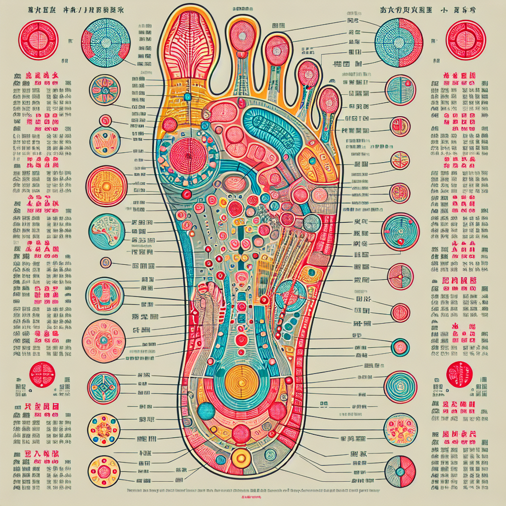 Schéma de réflexologie plantaire montrant les zones réflexes sur la plante des pieds et leur correspondance avec différentes parties du corps.