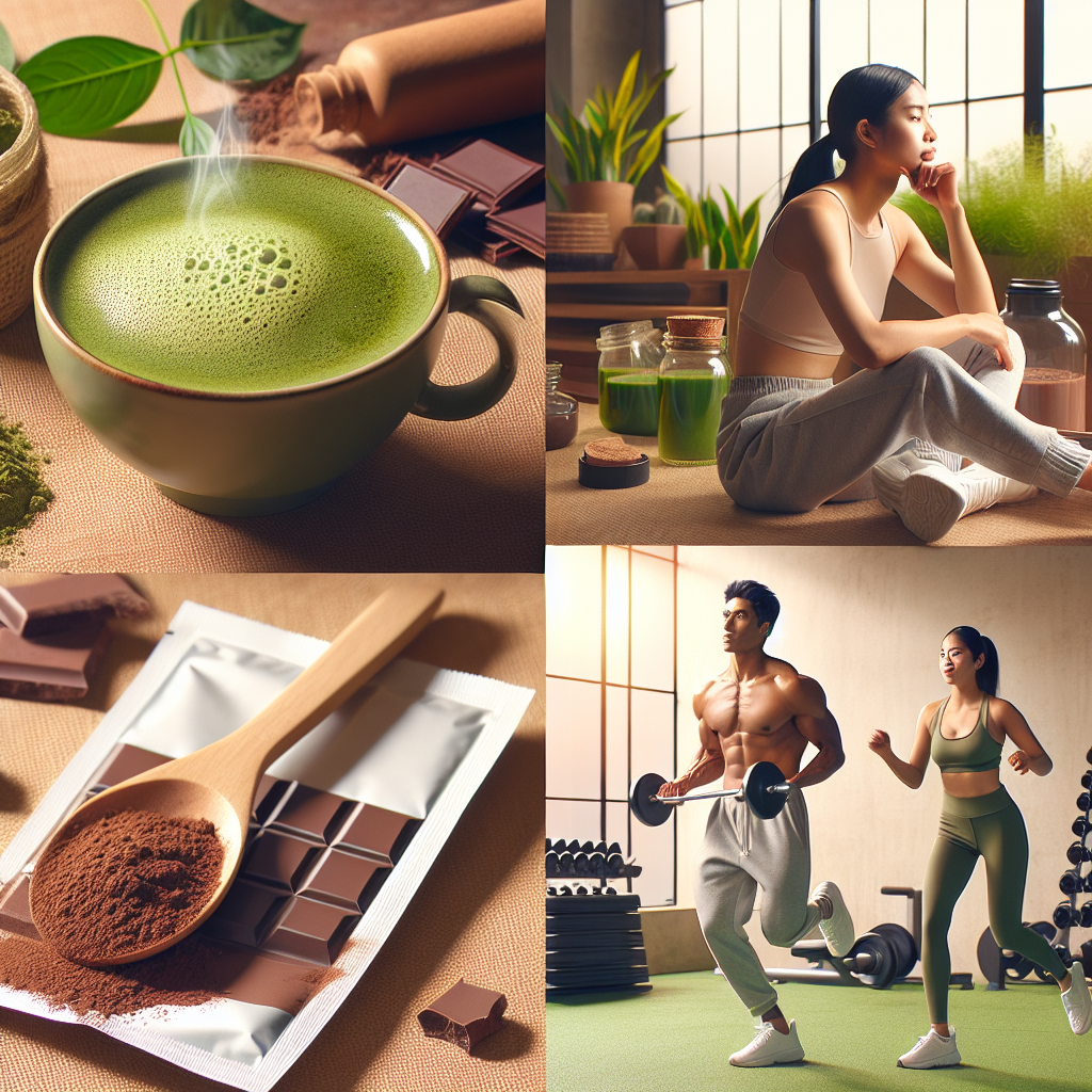 Des solutions de santé naturelles incluant une tasse de thé matcha, un paquet de poudre de cacao et un coach sportif guidant une personne lors d'un entraînement.