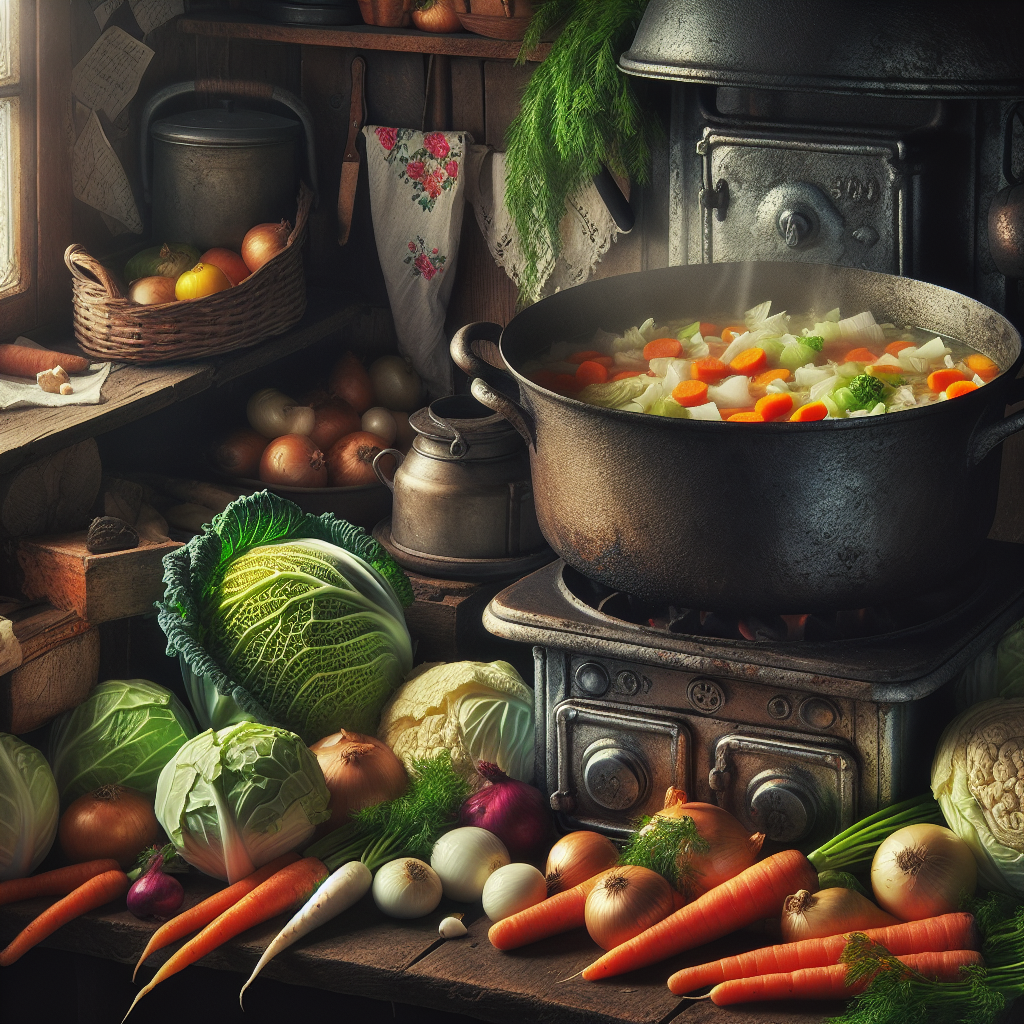 Une scène de cuisine rustique traditionnelle avec une grande marmite de soupe aux choux mijotant sur un vieux poêle, entourée de légumes frais comme chou, carottes et oignons, dans une atmosphère chaleureuse et vintage.