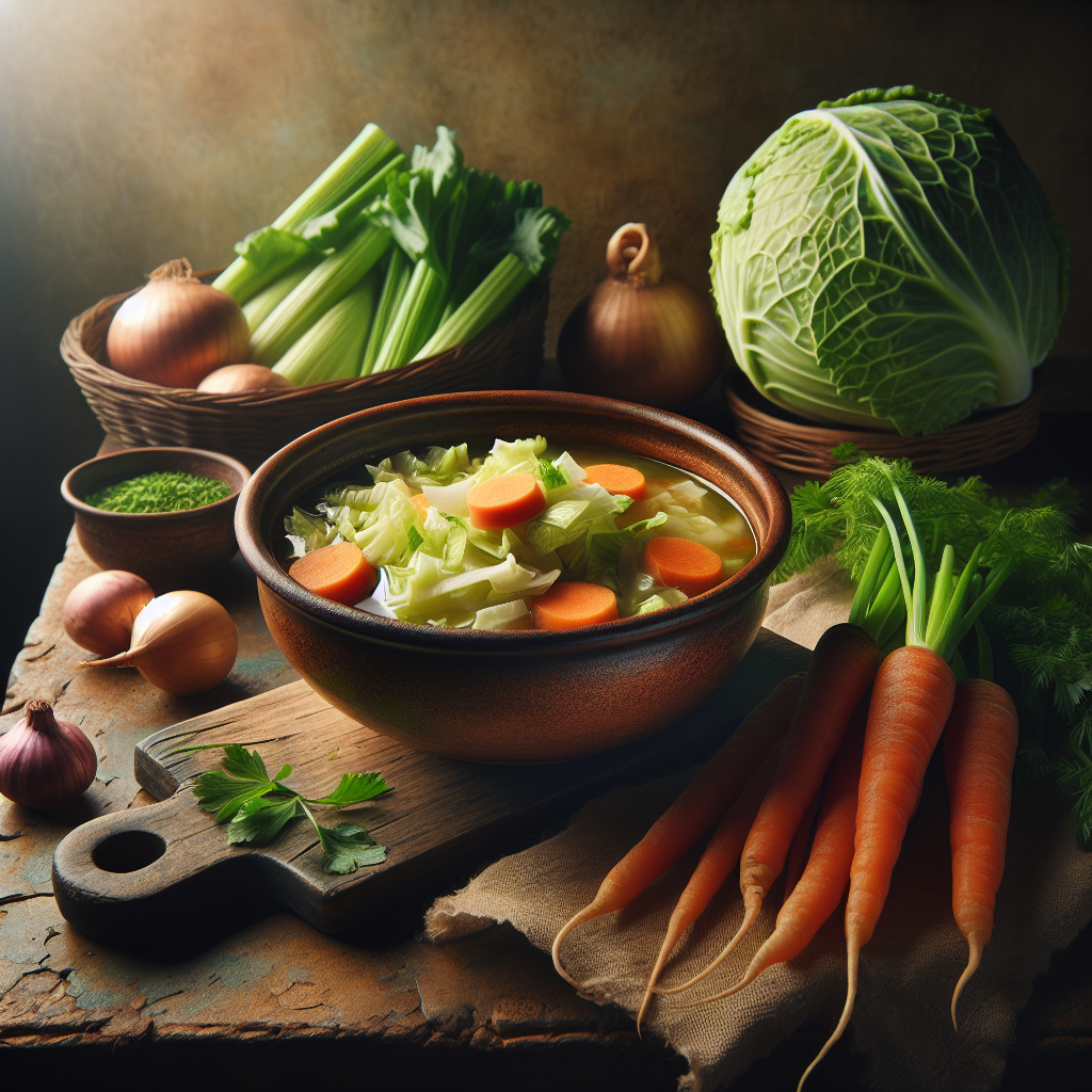 Bol de soupe aux choux avec des légumes frais sur une table en bois rustique