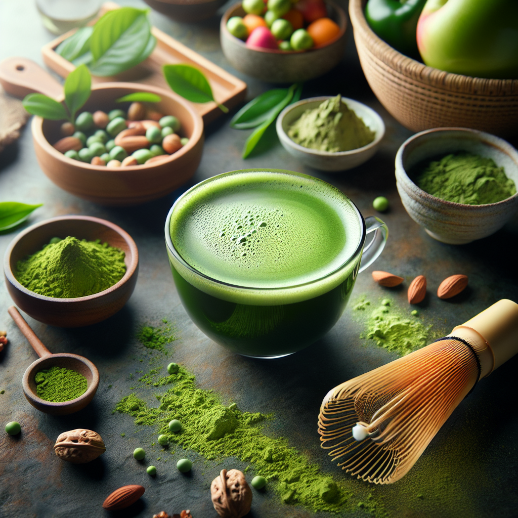 Une tasse de thé matcha entourée de sa poudre, d'un fouet en bambou et de concepts d'alimentation saine.