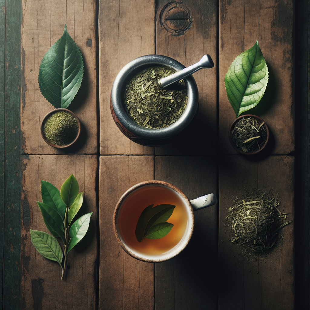 Comparaison entre une tasse de maté et une tasse de thé vert avec des feuilles fraîches sur une table en bois.