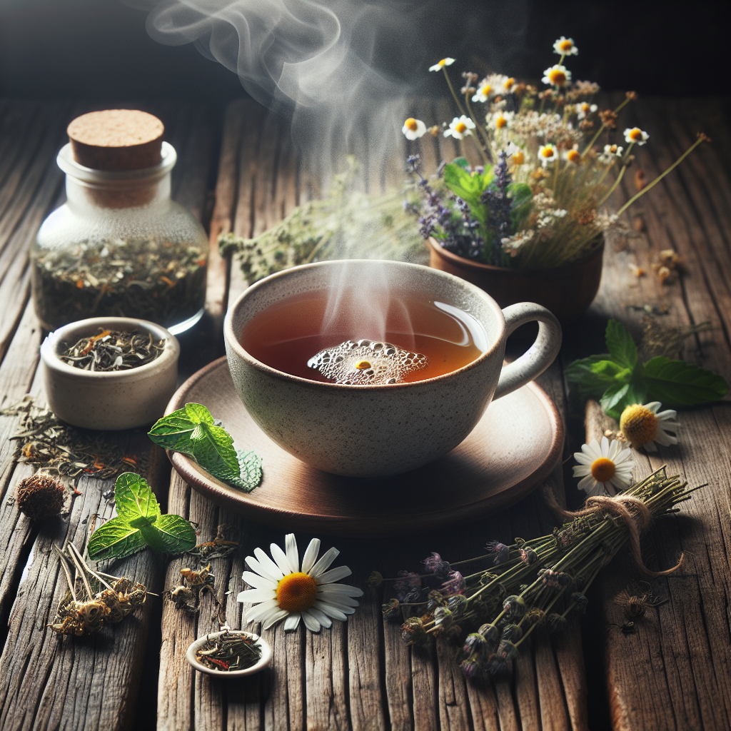 Une tasse de tisane fumante entourée de diverses herbes sur une table en bois, représentant les bienfaits médicinaux pour la perte de poids