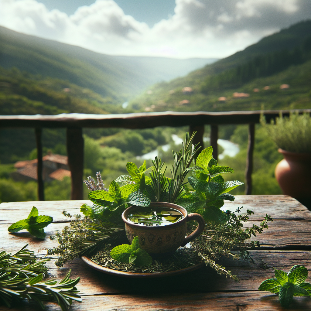 Thé portugais avec des herbes fraîches comme la menthe, le romarin et le thym, sur une table en bois avec une vue sur la campagne portugaise.