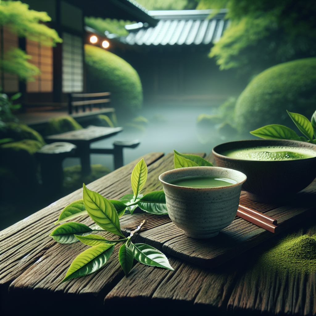 Tasse de thé matcha et tasse de thé sencha sur une table en bois traditionnelle japonaise, entourées de feuilles de thé vertes, avec en arrière-plan un jardin japonais discret.