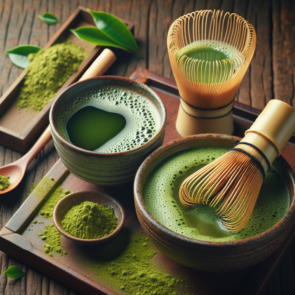 Un set de thé japonais traditionnel comprenant de la poudre de matcha, un fouet en bambou et une tasse de thé matcha préparé.